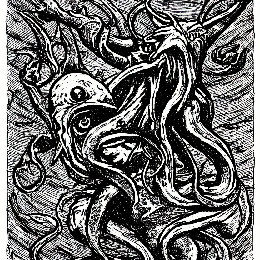 Image similar to a cute cthulhu icon drawn in the style of rockwell kent