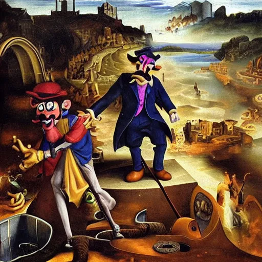 Prompt: waluigi emerges from the sewer to shame mankind, baroque oil painting, detailed, dramatic