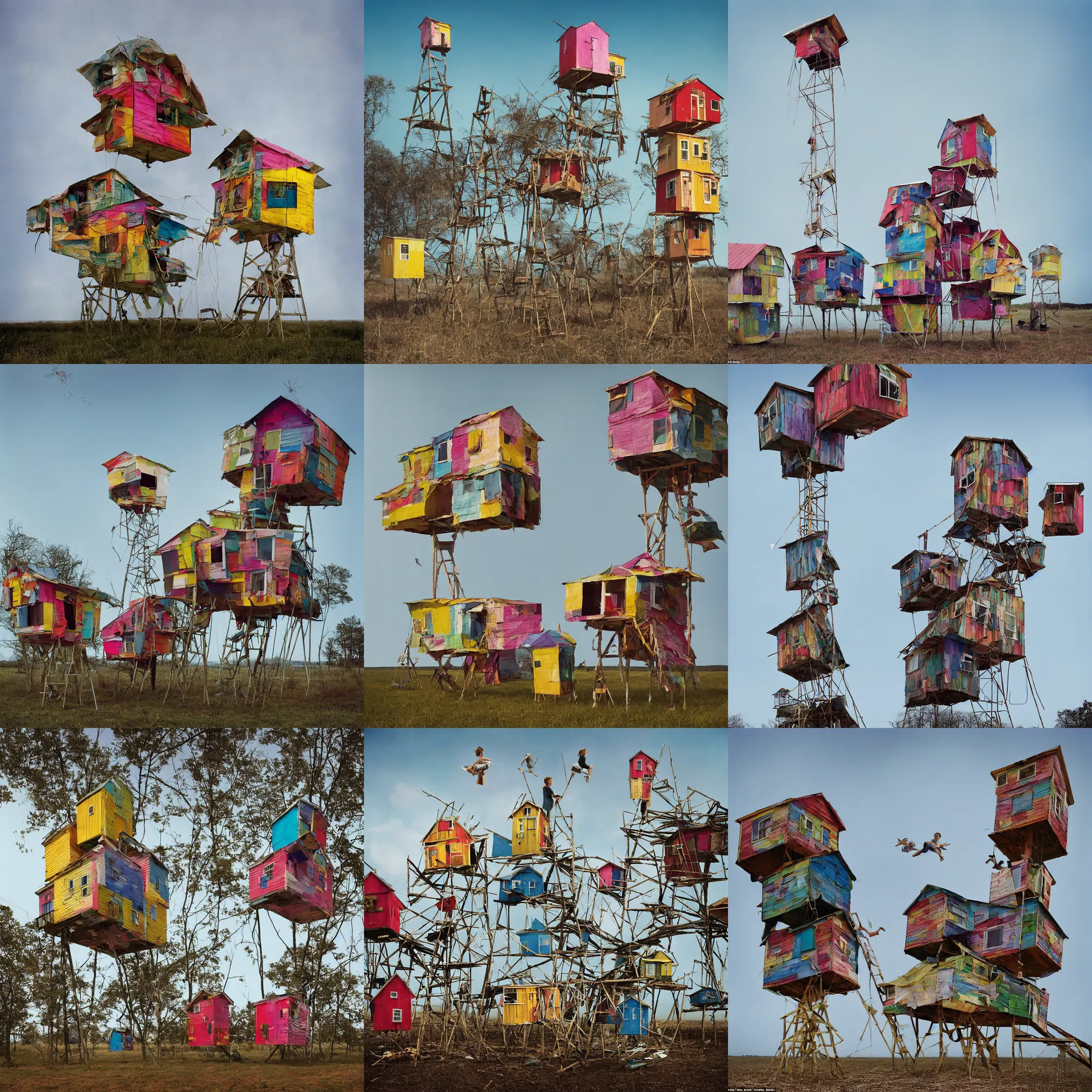 Prompt: a suspending tower made up of colourful makeshift squatter shacks, mamiya, 8 5 mm, f 1. 7, uniform plain sky, digital glitches, photographed by tim walker and julie blackmon
