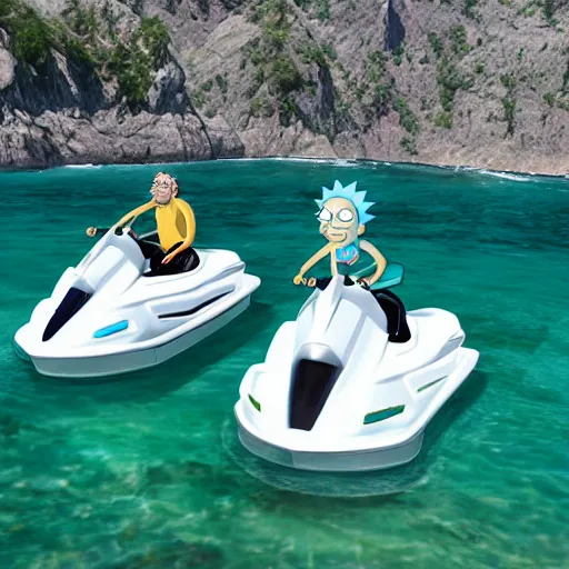 Image similar to rick and morty driving jetskis