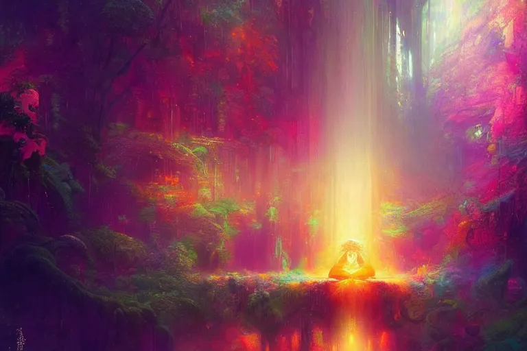 Image similar to a psychedelic realm hidden away in a pocket of ethereal understanding / astral beings sharing love greg rutkowski wlop lisa frank bob ross / ruan jia / illustration