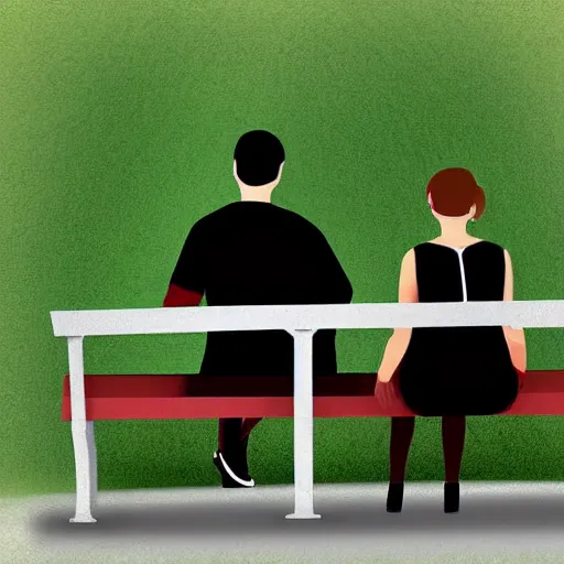 Prompt: a couple sitting on a park bench, digital art