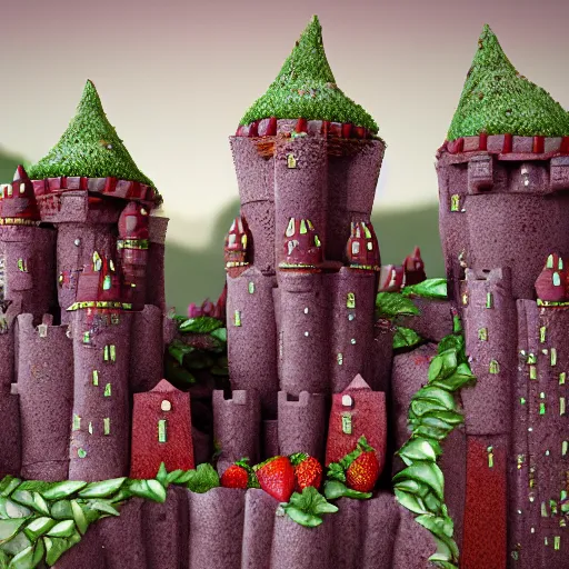 Image similar to Castles made of cake, on jagged chocolate mountains, near a strawberry smoothie river, highly detailed, 8k octane render