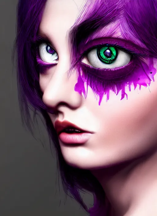 Image similar to photorealistic 3 0 0 0 one eye cyclope beautiful female with purple hair portrait photography feroflex photorealistic studio lighting ektachrome detailed intricate face details, ultradetails, beautiful face, realistic shaded perfect face, extremely fine details