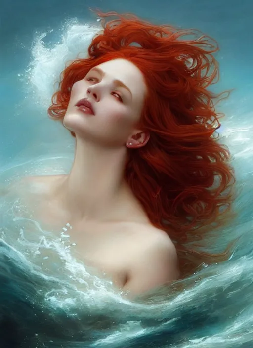 Prompt: goddess of the ocean portrait of a seductive redhead dreaming in underwater murky light, wind blown hair! fantasy esoteric, d & d, fantasy, intricate, elegant, highly detailed, digital painting, artstation, concept art, matte, sharp focus, illustration, art by artgerm and tom bagshaw and greg rutkowski and alphonse mucha
