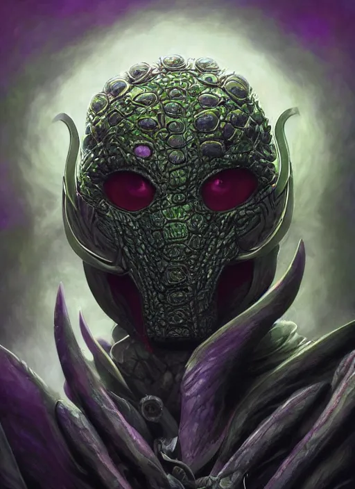 Image similar to mf doom reptile eyes, purple metallic skin. intricate, elegant, highly detailed, centered, digital painting, artstation, concept art, smooth, sharp focus, illustration, artgerm, tomasz alen kopera, peter mohrbacher, donato giancola, joseph christian leyendecker, wlop, frank frazetta