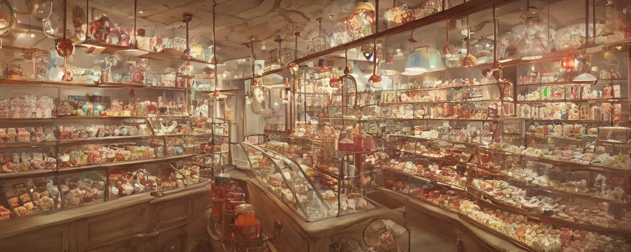 Prompt: Inside an old fashioned sweet shop, large sweet jars on shelves, beautiful brand labels, fantasy vendor interior, wide angle, cinematic, highly detailed, cinematic lighting , photorealistic, blender, trending on cgsociety, trending on artstation