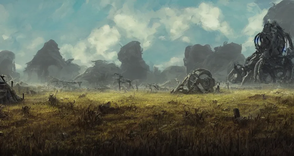 Image similar to landscape painting of a post apocalyptic field with huge skulls lying around by Friedrich, Caspar David, Studio Ghibli, concept art, trending on artstation 4k