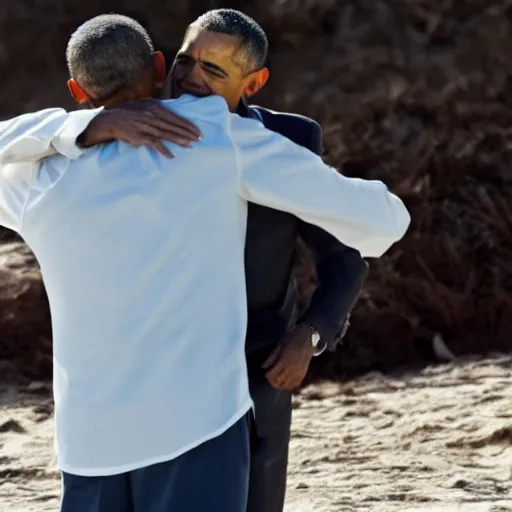 Prompt: Walter White hugging Barak Obama on the beach, artistic, 8k, dramatic lighting