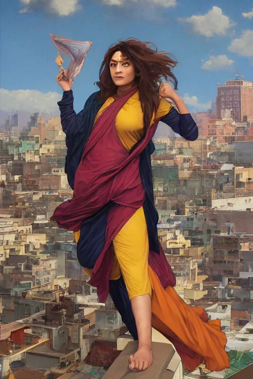 Prompt: A Full View of Kamala Khan Iman Vellani on a rooftop. MCU. masterpiece 4k digital illustration by Ruan Jia and Mandy Jurgens and Artgerm and greg rutkowski and Alexander Tsaruk and WLOP and william-adolphe bouguereau, award winning, Artstation, art nouveau aesthetic, Alphonse Mucha background, intricate details, realistic, panoramic view, Hyperdetailed, 8k resolution, intricate art nouveau