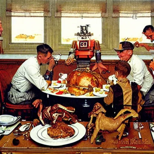Prompt: a norman rockwell painting of the nasa mars rover eating thanksgiving dinner with robots, award winning,