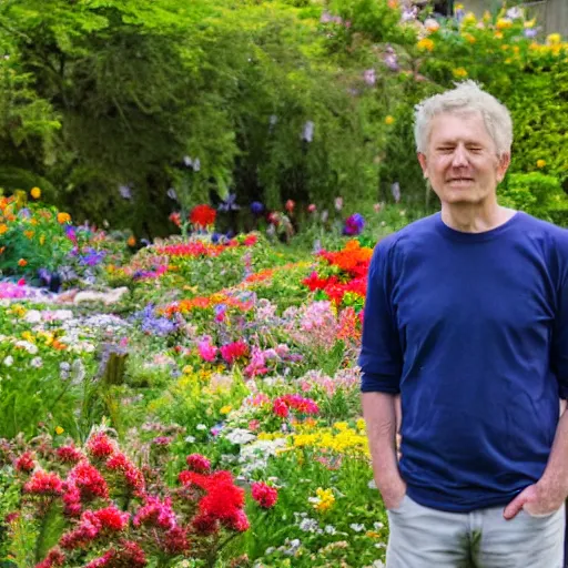 Image similar to a photo of a man standing in a garden surrounded by beautiful flowers