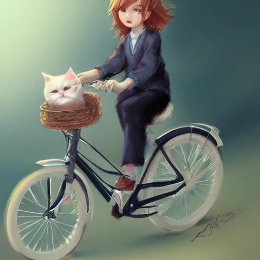 Prompt: head and shoulders masterpiece portrait of cute cat riding a bicycle, digital art by Krenz Cushart, trending on artstation