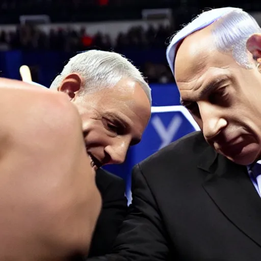 Image similar to benjamin netanyahu in a wwe arena wrestling the undertaker, highly detailed, sharp focus