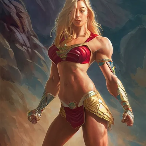 Image similar to muscular supergirl, deep focus, d & d, fantasy, intricate, elegant bikini, highly detailed, digital painting, artstation, concept art, matte, sharp focus, illustration, hearthstone, art by artgerm and greg rutkowski and alphonse mucha