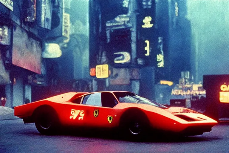 Image similar to film still of a flying Ferrari in Bladerunner, 8k,