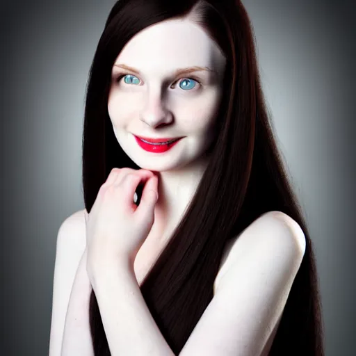 Image similar to portrait of a beautiful pale skin female with long black hair dark brown eyes gentle smiling expression elegant clothing photorealist