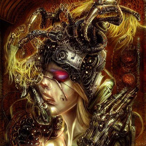 Prompt: blinded cybernetic demon dreaming, lsd, circuitry, intricate detail, royo,