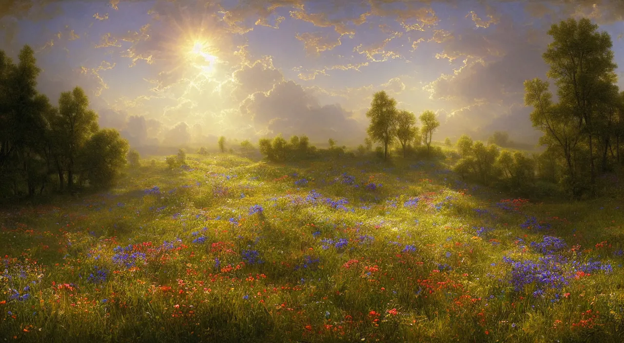 Image similar to rhythmic interval tectonic surfaces as resonant waves of harmonic organic mystical megastructure crystal lattices in a meadow full of wildflowers by albert bierstadt, by glen small, photorealistic, god rays, octane, depth of field,