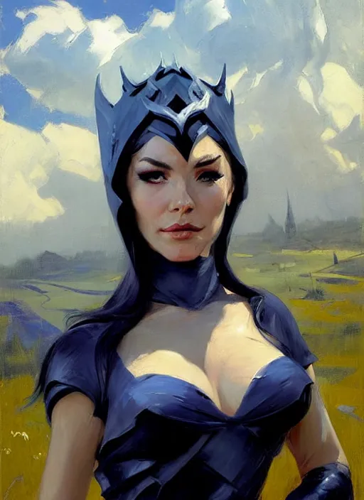 Image similar to greg manchess painting of syndra from league of legends, countryside, calm, fantasy character portrait, dynamic pose, above view, sunny day, thunder clouds in the sky, artwork by jeremy lipkin and giuseppe dangelico pino and michael garmash and rob rey, very coherent asymmetrical artwork, sharp edges, perfect face, simple form, 1 0 0 mm