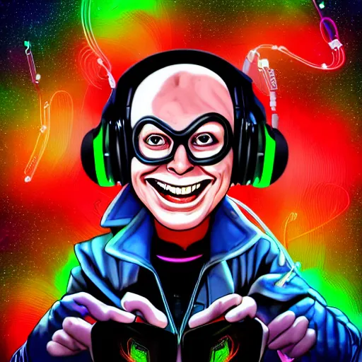 Image similar to artgerm, psychedelic laughing robot chicken by seth green, rocking out, headphones dj rave, digital artwork, r. crumb, svg vector