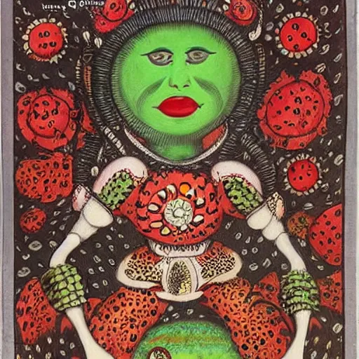 Image similar to ladybug as a monster, qajar art style, scary atmosphere, nightmare - like dream