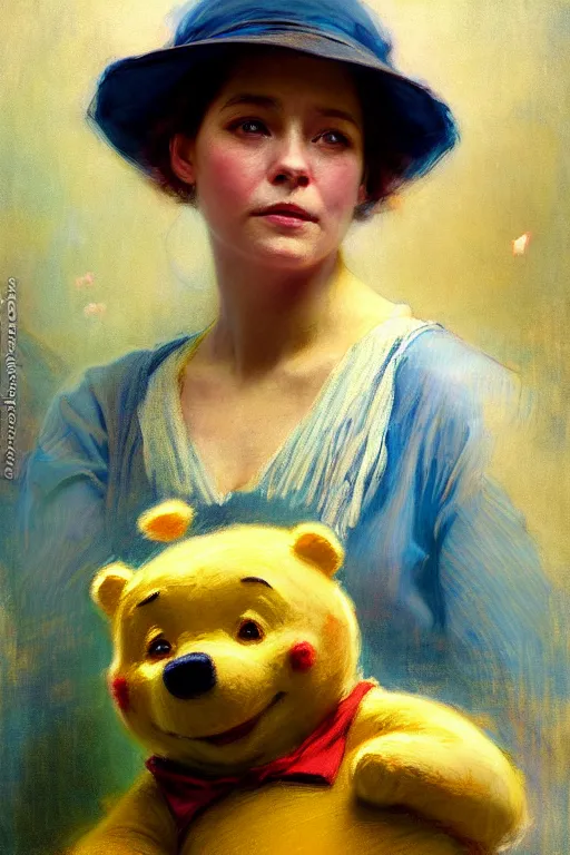 Image similar to soft colorsphotograph imax and solomon joseph solomon and richard schmid and jeremy lipking victorian loose genre loose painting full length portrait painting of winnie - the - pooh disney