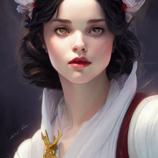 Prompt: portrait of snow white, girl, disney, highly detailed, digital painting, artstation, concept art, smooth, sharp focus, illustration, art by artgerm and greg rutkowski and alphonse mucha