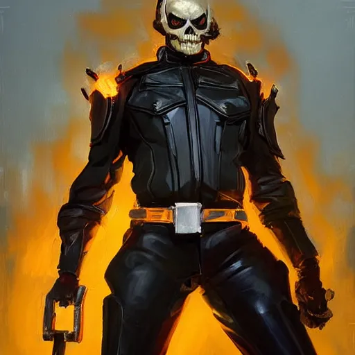 Image similar to greg manchess portrait painting of ghost rider as overwatch character, medium shot, asymmetrical, profile picture, organic painting, sunny day, matte painting, bold shapes, hard edges, street art, trending on artstation, by huang guangjian and gil elvgren and sachin teng