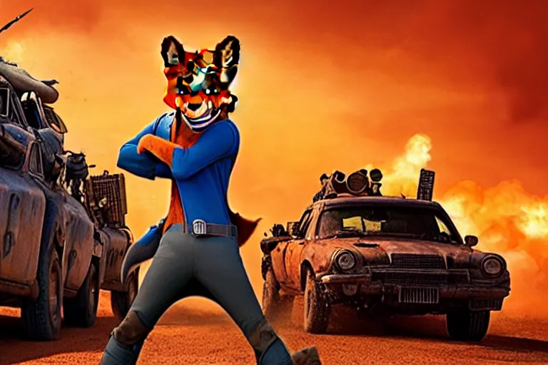 Image similar to nick wilde, heavily armed and armored facing down armageddon in a dark and gritty reboot from the makers of mad max : fury road