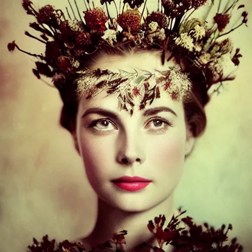Image similar to fine art photo of grace kelly, she has a crown of dried flowers, by oleg oprisco