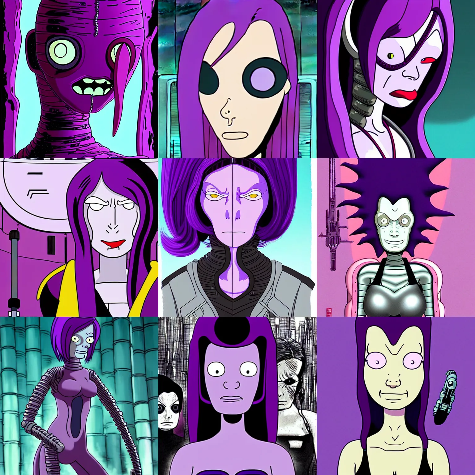 Prompt: portrait leela from futurama in futuristic city, one eye on the face, purple hair, by tsutomu nihei, by h. r. giger