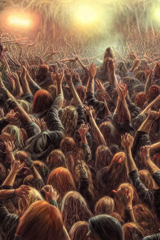 Image similar to a death metal band playing on woodstock, mosh pit, wide angle, super highly detailed, professional digital painting, artstation, concept art, smooth, sharp focus, no blur, no dof, extreme illustration, Unreal Engine 5, Photorealism, HD quality, 8k resolution, cinema 4d, 3D, beautiful, cinematic, art by artgerm and greg rutkowski and alphonse mucha and loish and WLOP