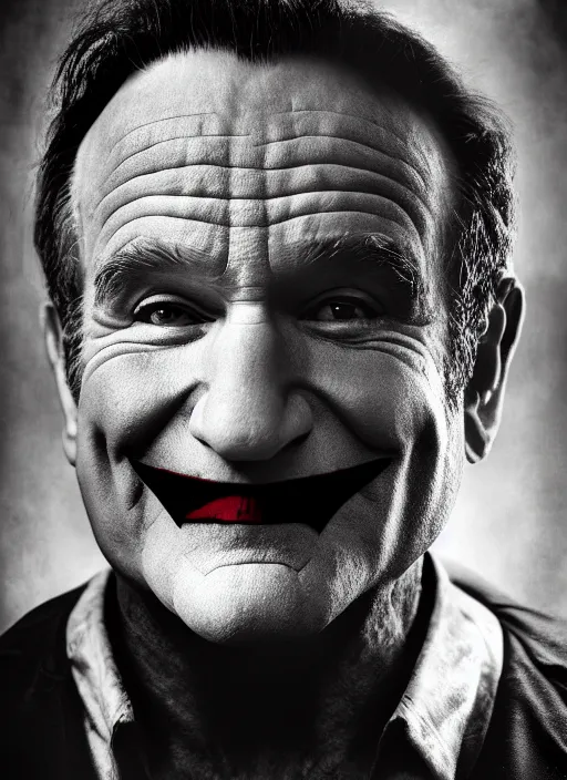 Image similar to photo of evil Robin Williams as the Joker by Lee Jeffries, head shot, detailed, award winning, Sony a7R, trending on artstation