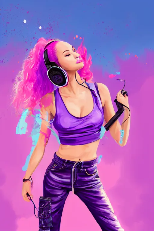 Image similar to a award winning half body portrait of a beautiful woman in a croptop and cargo pants with ombre purple pink teal hairstyle with head in motion and hair flying listenin to music on headphones by wlop, paint splatter, outrun, vaporware, shaded flat illustration, digital art, trending on artstation, highly detailed, fine detail, intricate