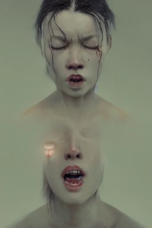 Prompt: breathtaking detailed horror painting of creepy crying woman , with anxious, piercing eyes, art by Hsiao-Ron Cheng, Ja Miyazaki, dramatic lightning, hyperrealistic, octane render, ambient light, dynamic lighting