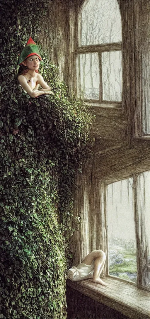 Image similar to an elf staring at the window looking at the trees outside, 8 k, ultra _ realistic, art by alan lee