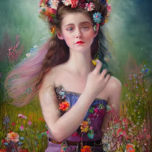 Prompt: a young girl portrait with porcelain face and big crystal turcoquise eyes, two ponytails flying in the wind, dressed in a vintage long dress, flowers blooming in her head, conceptual art, oil fantasy painting, hyperdetailed, dramatic light, 8 k