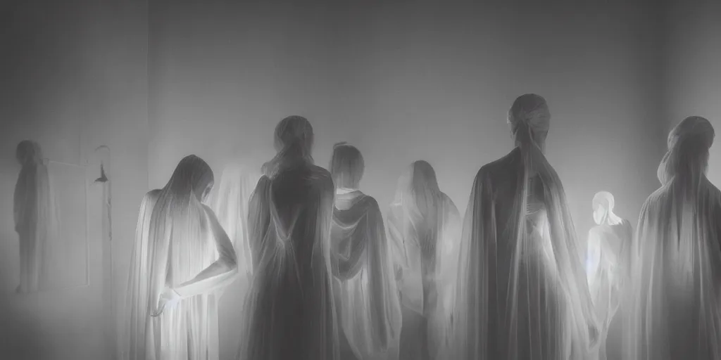 Image similar to love, groups of translucent people with short glowing hair, from behind, rebirth, wide angle, cinematic atmosphere, elaborate, highly detailed, dramatic lighting