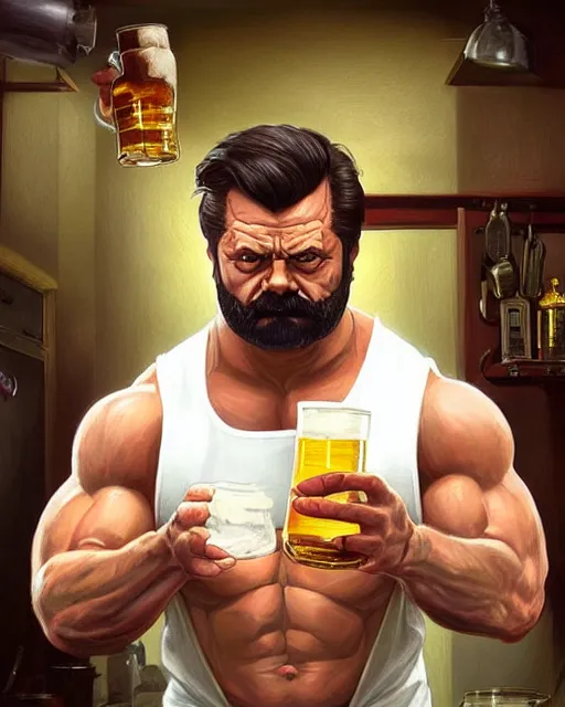 Image similar to gigachad ron swanson bodybuilder holding a pint of beer in final fight kitchen by ilya kuvshinov, ernest khalimov body by krista sudmalis, fantasy character portrait, ultra realistic, concept art, intricate details, elegent, digital painting, smooth, sharp focus, illustration, art by artgerm and greg rutkowski and alphonse mucha, artstation