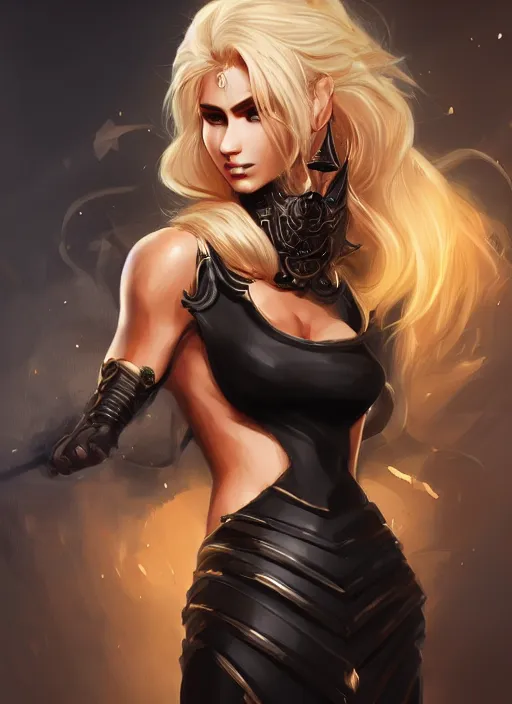 Image similar to a highly detailed illustration of fierce blonde tanned skin goddess ereshkigal wearing black dress, dramatic powerful pose, perfect face, perfect body, muscular, intricate, elegant, highly detailed, centered, digital painting, artstation, concept art, smooth, sharp focus, league of legends concept art, wlop