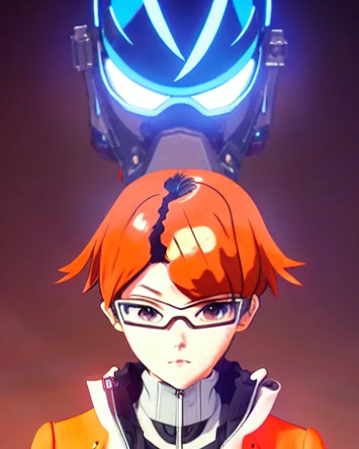 Image similar to Anime as Tracer Overwatch wearing leather-coat; in mask-orange-coloured || cute-fine-face, pretty face, realistic shaded Perfect face, fine details. Anime. realistic shaded lighting poster by Ilya Kuvshinov katsuhiro otomo ghost-in-the-shell, magali villeneuve, artgerm, Jeremy Lipkin and Michael Garmash and Rob Rey as Overwatch Tracer cute smile