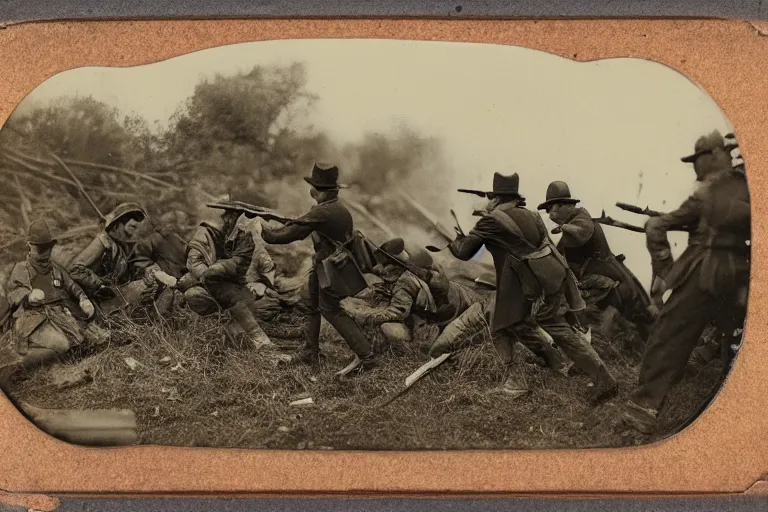 Image similar to american civil war trench battle, shots fired, explosions all around, wide shot, cinematic, tintype photograph