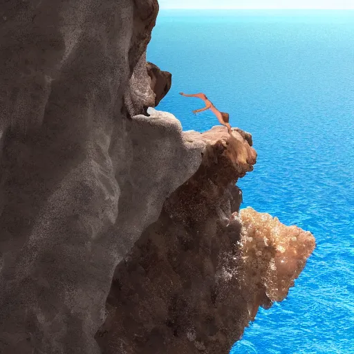 Prompt: Cliff divers by a crystal clear ocean, photorealistic, detailed, 8K