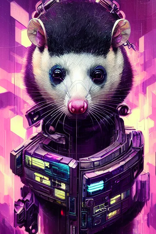 Image similar to a beautiful portrait of a cute cyberpunk opossum by sandra chevrier and greg rutkowski and wlop, purple blue color scheme, high key lighting, volumetric light, digital art, highly detailed, fine detail, intricate, ornate, complex, octane render, unreal engine, photorealistic