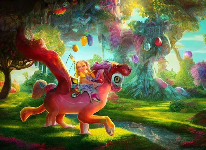 Prompt: riding a gigantic cute creature through a candy-themed fantasy land, dappled lighting, detailed photograph