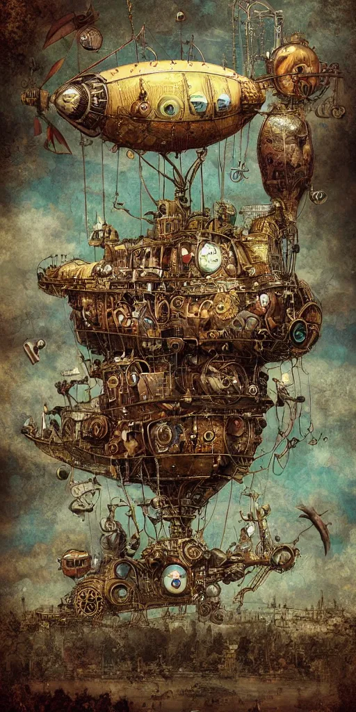 Image similar to a detailed digital painting of an organic steampunk living airship by alexander jansson and where's waldo and leonardo da vinci