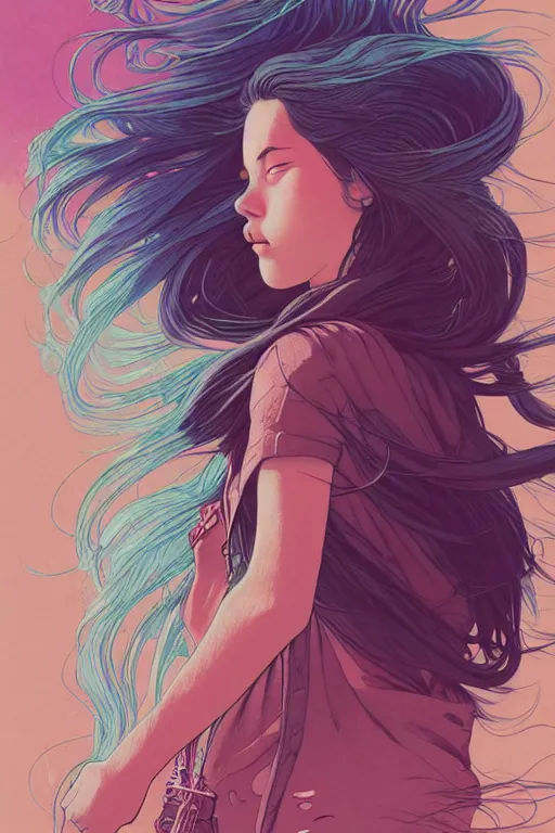 Image similar to concept art design illustration, teen girl walking away alone street flowing hair, sad, fantasy book cover illustration!!, 1 6 colors, logo, ink drawing, 8 k, hyperrealistic, hyperdetailed art by jc leyendecker and sachin teng