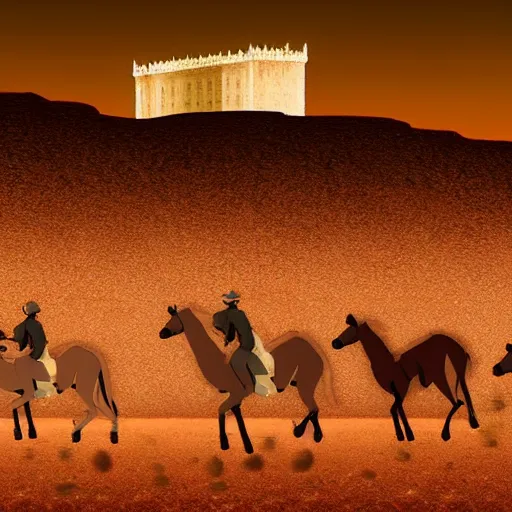 Image similar to desert at night filled with centaurs, tall white tower in the background, HD,