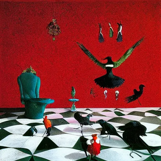 Image similar to surreal colour photography of a red raven dark turquoise and shadows by sandy skoglund and heironymus bosch, victorian painting